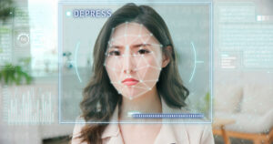 emotion detected by artificial intelligence AI system concept -  Young asian businesswoman makes depress facial expressions on her face